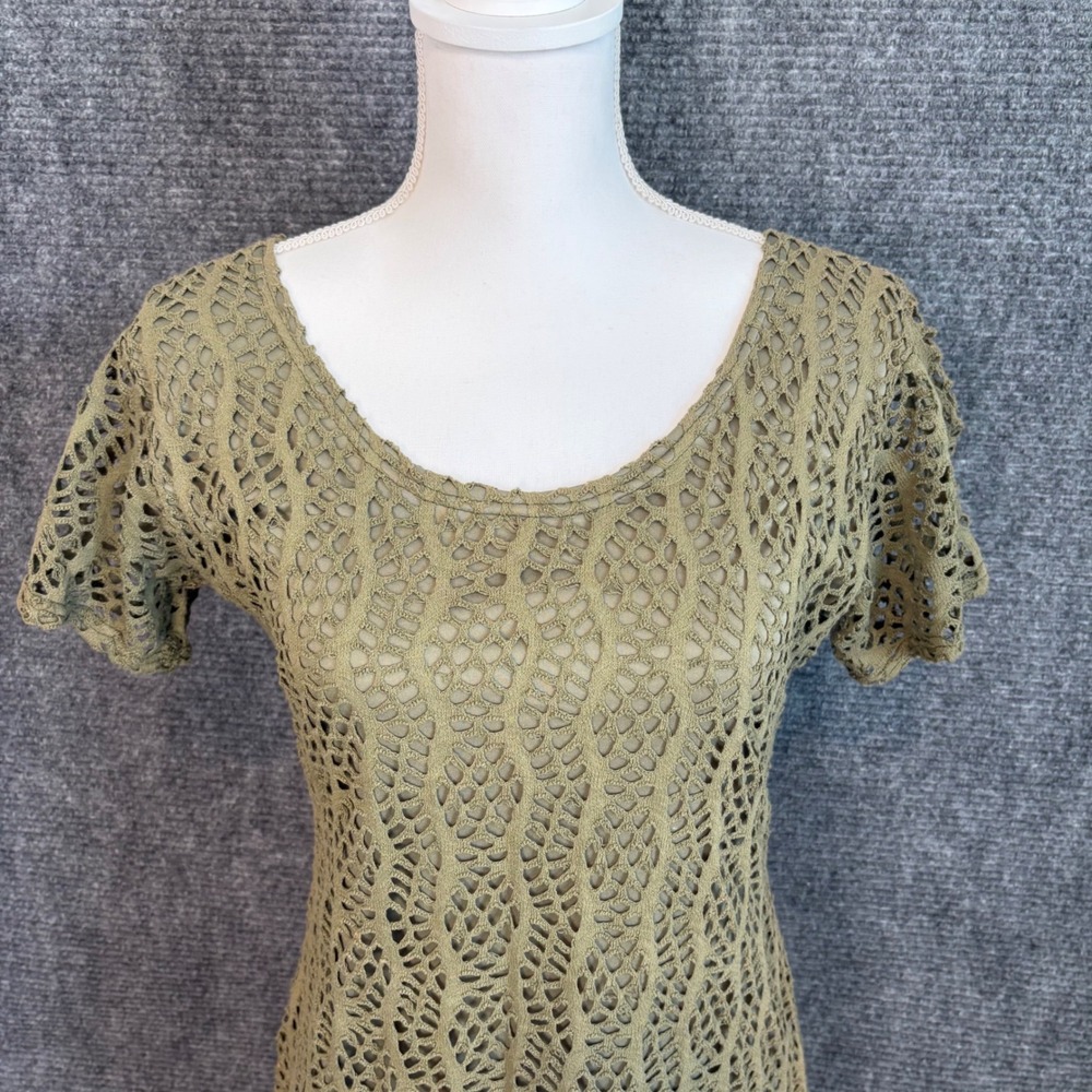 VTG Top Style Women Crochet Knit Mini Dress Olive Green Short Sleeve Lined Large - Picture 2 of 5
